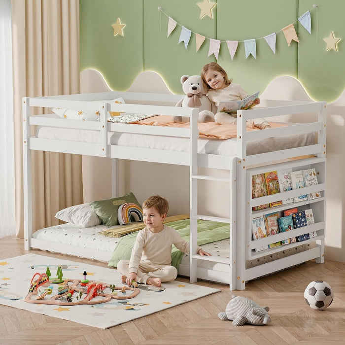 Low Bunk Bed for Kids, Floor Bunk Bed Twin over Twin with Bookshelves & Full Guardrails, Wooden Twin Bunk Bed Frame for Bedroom, Dorm, Boys, Girls, Children, Toddler (White)