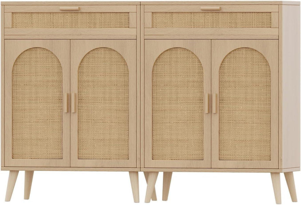 Rattan Storage Cabinet Set of 2, Buffet Sideboard with Storage, Coffee Bar with Drawer & Doors, Accent Floor Cabinet for Living Room, Dinning Room, Entryway, Natural