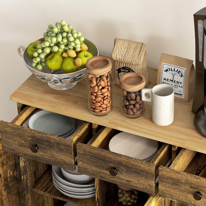Sideboard Buffet Cabinet Solid Wood Countertop Rustic Brown | Modern Kitchen Storage, Coffee Bar Cabinet, 3 Drawers, Doors, Adjustable Shelf