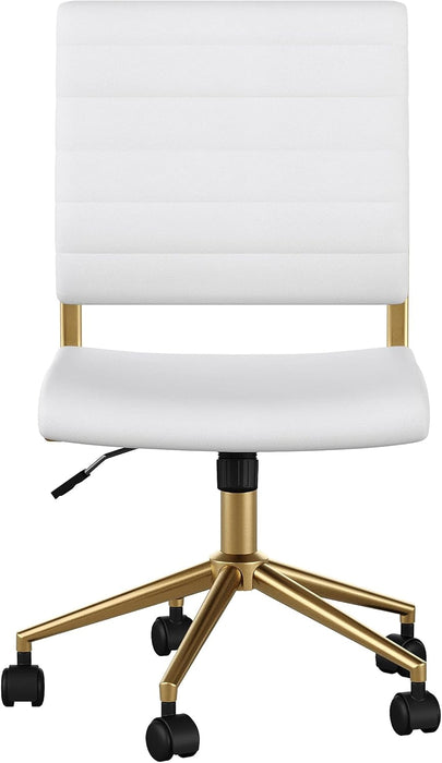 Ivy Armless Swivel Task Chair for Home Office in White Faux Leather with Polished Brass Frame