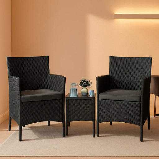 3 Pieces Patio Porch Furniture Set, Outdoor PE Rattan Wicker Conversation Set with Soft Cushions, Glass Coffee Table & 2 Chairs for Garden/Deck/Courtyard/Poolside, Black/Gray