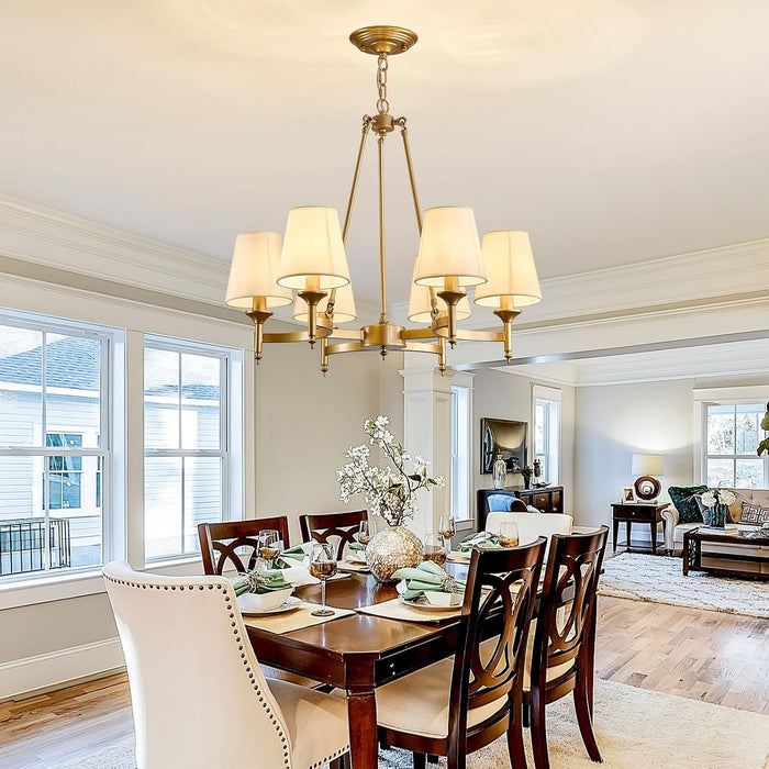 Gold Wagon Wheel Chandelier with White Linen Shade 6-Light Industrial Ceiling Light Fixture 26.8Inch Large Farmhouse Hanging Pendant Light for Dining Living Room Kitchen Bedroom Entryway Foyer