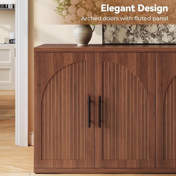 63" Fluted Buffet Cabinet with Storage, Mid-Century Symmetrical Arched Sideboard Credenza with Adjustable Shelf, Large Wood Console Table for Dining Room, Kitchen, Living Room (Warm Walnut)