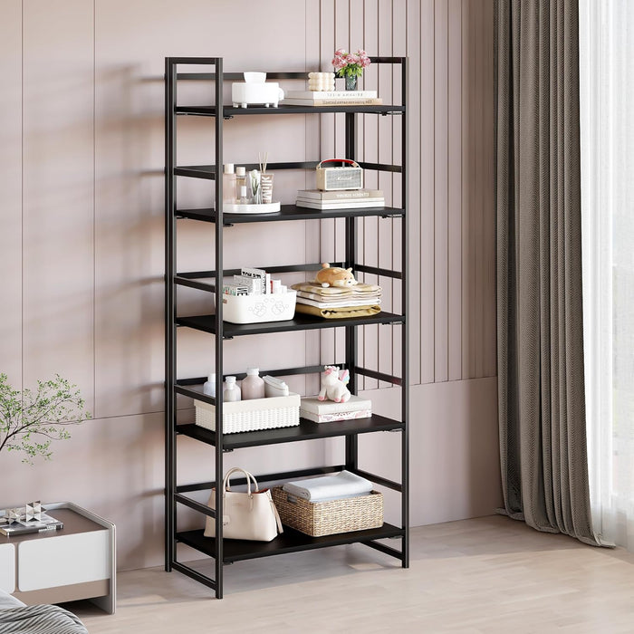 All Black Folding Bookshelf Five Tier Organization