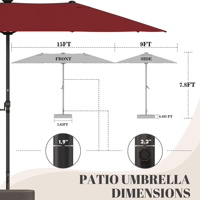 15Ft Rectangular Patio Umbrella with Solar LED Lights, Double-Sided Outdoor Market Umbrella with Base Included, Extra Large Shade for Pool, Deck, Backyard, Garden, Burgundy