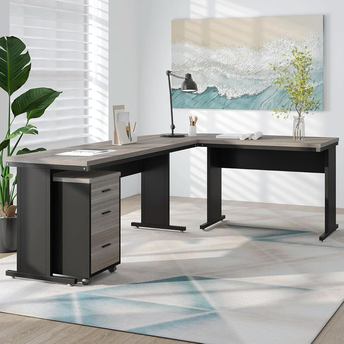 83 Inch L-Shaped Office Desk, Large Executive Computer Desk with 3-Drawer File Cabinet, Industrial Corner Desk with Storage Drawers, Business Furniture Work Desk for Home Office (Gray)