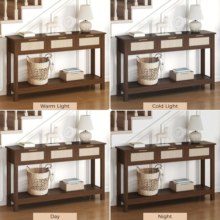 Console Table for Entryway with 3 Rattan Drawers Boho Entry Table with Storage Open Shelf, Narrow Long Sofa Tables for Living Room, Hallway, Foyer, Couch, Front Door, Walnut, 47 Inch