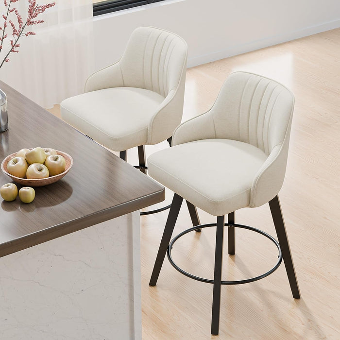 26" H Swivel Barstools Counter Height Bar Stool Set of 2, Beige | Linen Fabric Upholstered, Modern Counter Stool with Back, Kitchen High Chairs, Solid Wood Legs, Easy to Install