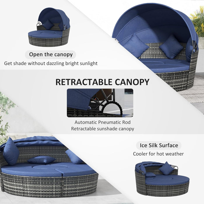 4-Piece round Convertible Daybed with Cushions, Outdoor PE Rattan Patio Wicker Sofa Set, Sunbed with Adjustable Sun Canopy, Sectional Sofa, 2 Chairs, Table, 3 Pillows, Dark Blue