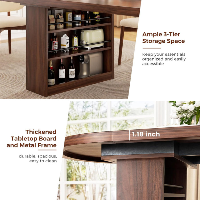 78.7" Dining Table for 6-10 People, Oval Dining Room Table with 3-Tier Storage Shelf, Modern Wood Kitchen Tables with Heavy Duty Pedestal Base for Home, Dining Room, Walnut
