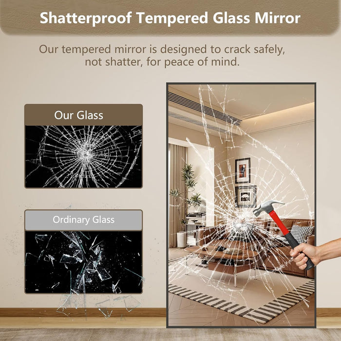 72"X44" Oversized Black Full Length Mirror, Floor Standing or Wall Mounted with Hanging Kit, Shatterproof Tempered Glass Mirror for Living Room, Bedroom, Dressing Room, Gym