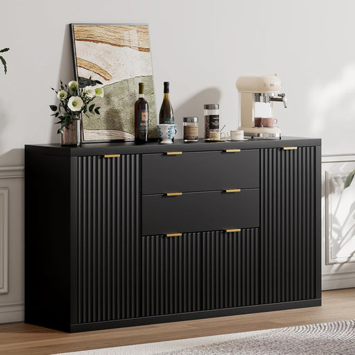 56" Large Buffet Cabinet with 3 Drawers & 4 Doors, Fluted Sideboard Cabinet with Adjustable Shelves, Coffee Bar for Living Room, Black
