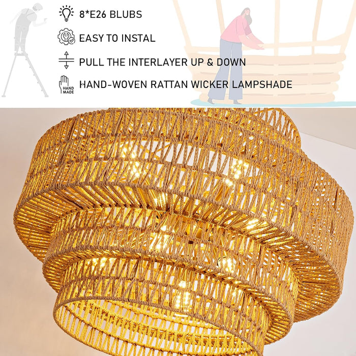 28.7In Large Rattan Chandelier 8-Light Gold Boho Rattan Chandelier