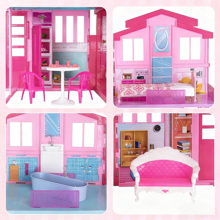 Dreamy Doll House, Dollhouse Playhouse with Large Rooms & Big Furnitures, Including Elevator, Foldable Dolls House Toys Gifts for Girls Kids Ages 3+