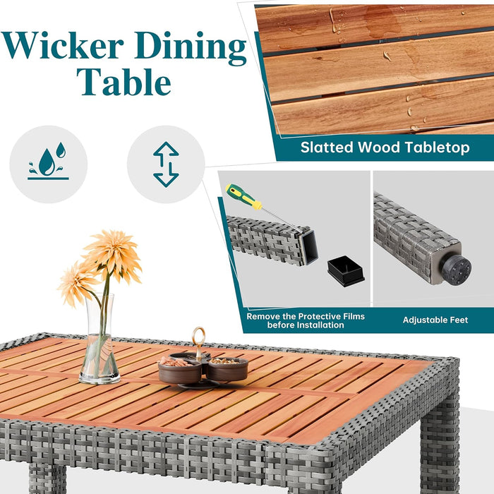 5 Piece Patio Dining Set, Wicker Patio Conversation Set with Wooden Table Top, Outdoor Table and Chairs with Soft Cushions for Backyard, Deck and Garden, Grey Wicker