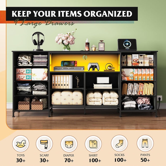 12 Drawer Dresser for Bedroom, Black Dresser TV Stand for 65, 70, 75 Inch TV with Led Light & Charging Station, Wide Chest of Drawers with Open Shelves, Fabric Dressers for Closet, Living Room