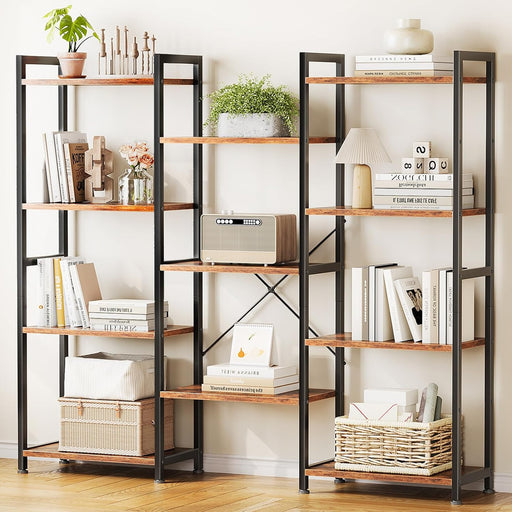 Triple 4 Tier Bookshelf, Large Bookcase with 11 Open Display Shelves, Modern Industrial Book Shelves Book Case for Bedroom, Wide Standing Shelving Unit for Living Room Home Office, Vintage