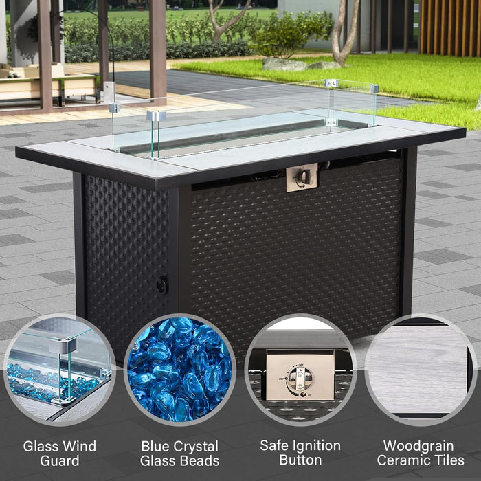 Patio Furniture Set 6-Piece Outdoor Furniture Set with 45'' Propane Gas Fire Pit Table Outdoor Conversation Set Wicker Sofa Set Non-Slip Cushions Waterproof Covers, Peacock Blue