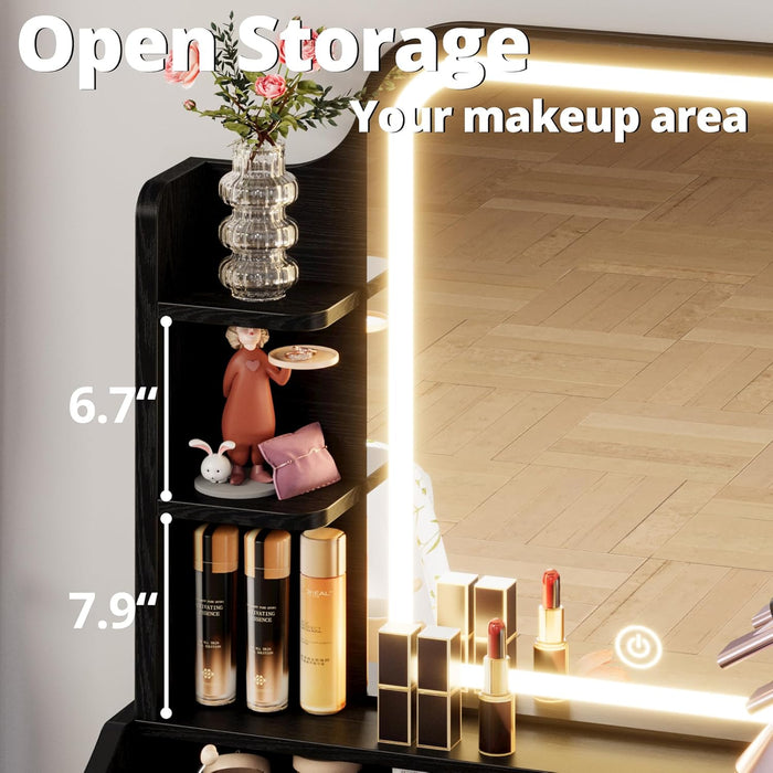 Black Vanity Desk With LED Illuminated MirrorStorage