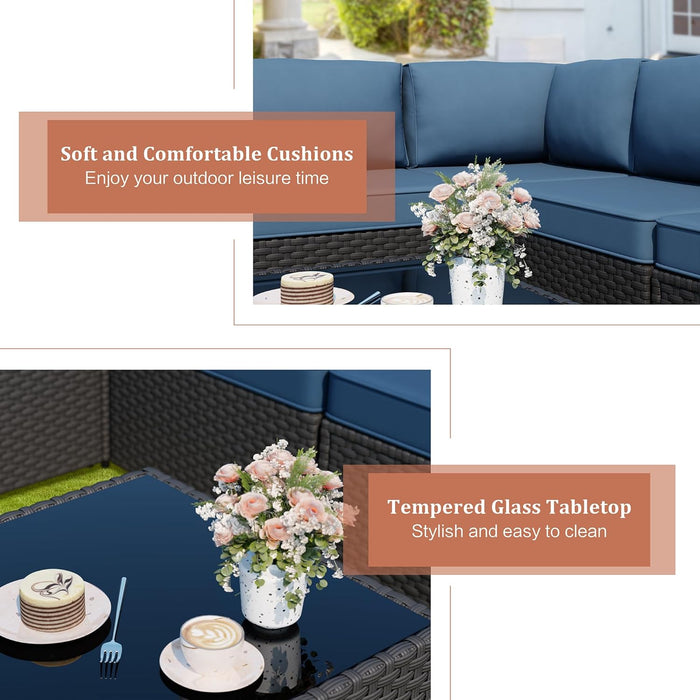 Patio Furniture Sets, 5-Piece Outdoor Patio Furniture with Thick Cushions, Wicker Outdoor Conversation Set Sectional Sofa for Backyard, Poolside, Garden, Aegean Blue