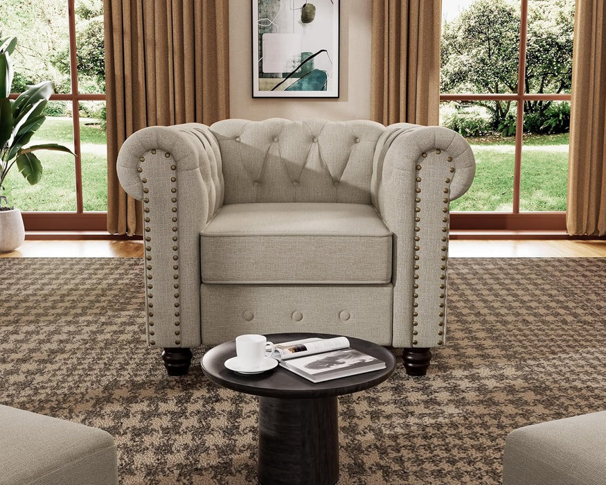 3 Piece Classic Chesterfield 6-Seater Set, Tufted Chair & Loveseat & Sofa Solid Wood Legs Thick Cushion, Pet-Friendly Couch Set Furniture for Living Room Bedroom Apartment, Linen Beige