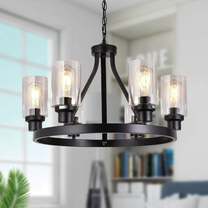 6-Light Farmhouse Chandelier Light Fixture Dining Room Lighting Fixtures Hanging Wagon Wheel Chandelier Kitchen Island Pendant Lights Modern Black Industrial Rustic Adjustable Height Metal