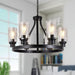 6-Light Farmhouse Chandelier Light Fixture Dining Room Lighting Fixtures Hanging Wagon Wheel Chandelier Kitchen Island Pendant Lights Modern Black Industrial Rustic Adjustable Height Metal