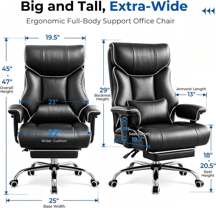 Big and Tall Office Chair,Heavy Duty Gaming Chair with Foot Rest and Wide Pocket Spring Cushion Reclining Height Adjustable for Home Office Work, Comfy Pu Leather Black-White