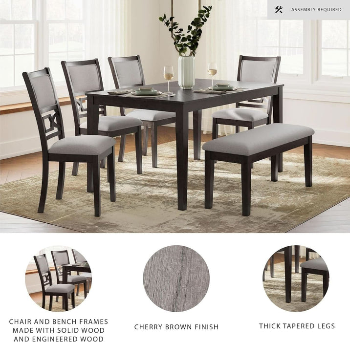 Langwest Dining Room Table Set, 4 Upholstered Chairs and Bench, Seats 6, Cushioned Seats, Wood, Cherry Brown