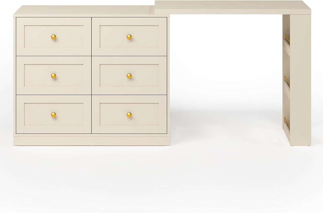 Extendable Vanity Desk and Dresser Combo, 67" Makeup Vanity Table with Drawers and 3 Side Shelves, Wood Dressing Table for Bedroom, Dressing Room, Beige