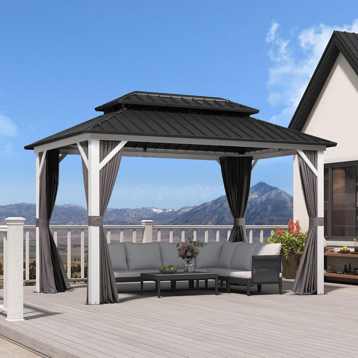 8' X 12' Hardtop Gazebo Metal Double Roof White Aluminum Frame Outdoor Heavy Duty Gazebo with Curtain and Netting for Patio Garden and Backyard, Grey