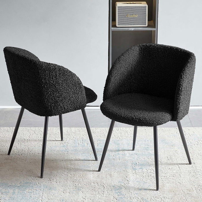 Accent Chairs Set of 2, Fuzzy Sherpa Dining Chairs with Barrel Back, Upholstered Faux Fur Armchairs with Black Metal Leg, Living Room Chairs (Black)