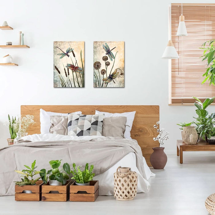 Dragonfly Wall Art Vintage Insect Painting Pictures Prints Beige Dandelion on Canvas Artwork