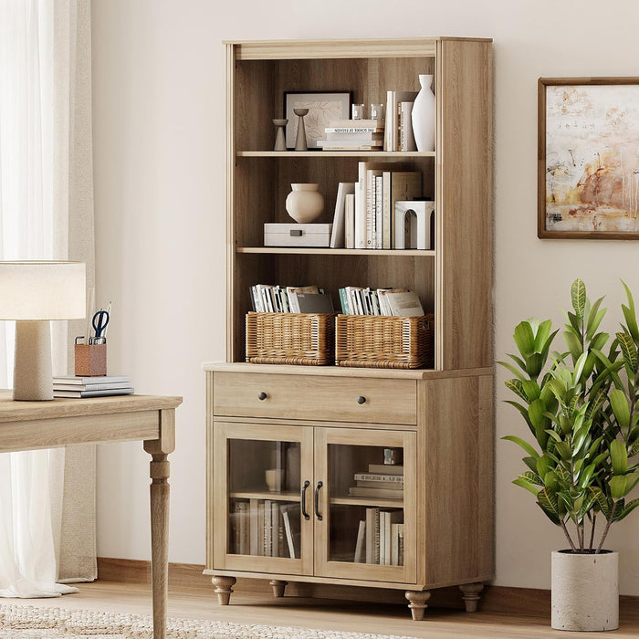 72" Tall 5 Tier Bookcase with Glass Doors & Drawers, Oak
