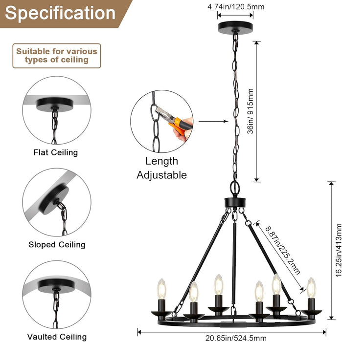 Black Farmhouse Chandelier, 6-Light Wagon Wheel Chandelier with Adjustable Height, Dining Room Light Fixture, Hanging Lights for Kitchen Island, Living Room, Bedroom, Entryway, E12 Base