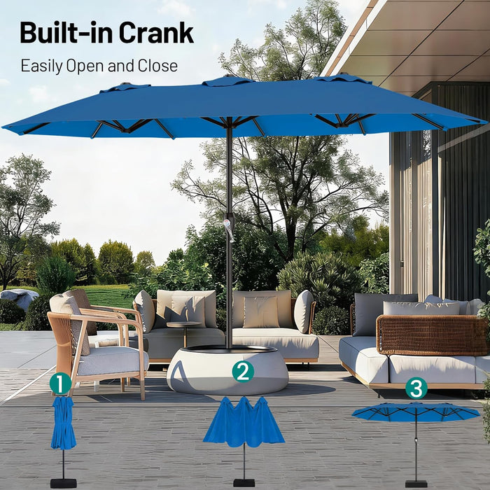 15FT Outdoor Patio Umbrella with Crank, Large Rectangular Market Umbrella, Double-Sided Outdoor Umbrellas with Cross Base & Sandbag for Porch, Lawn, Pool, Backyard, Royal Blue