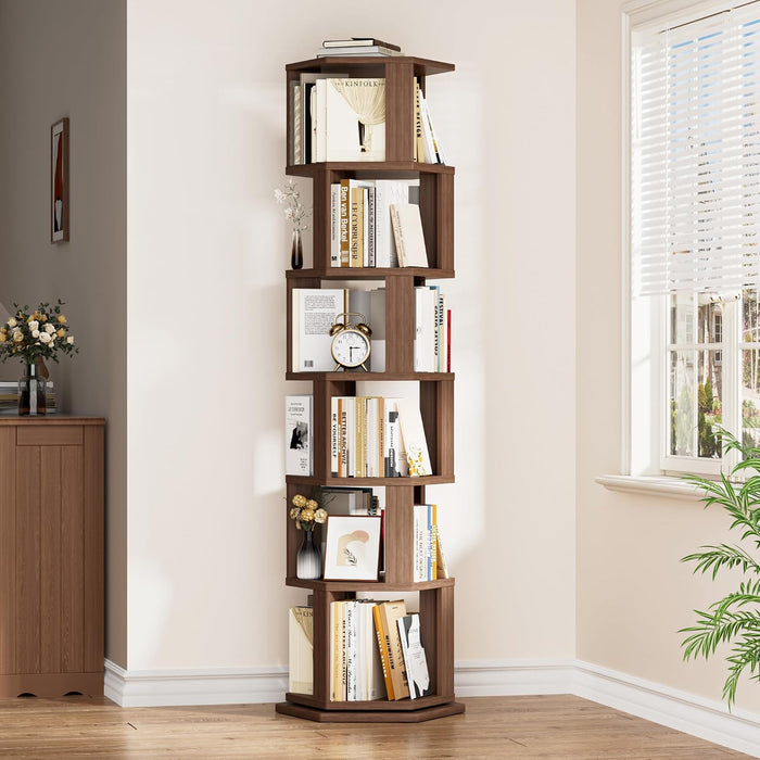 Rotating Bookshelf Tower, 6 Tier Solid Wood Spinning Rolling Book Shelf | Narrow Revolving Bookcase, Vertical Bookshelves for Corner Small Spaces, Bedroom, Living Room, Walnut