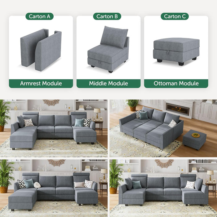 Modular Sectional Sleeper Sofa Reversible, Bluish Grey