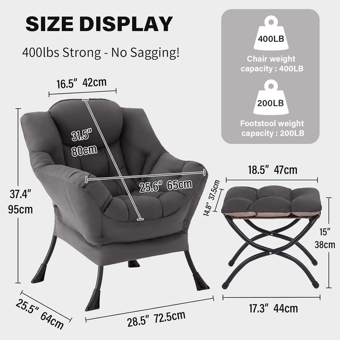 Dark GreyVelour Upholstered Accent Chair With Ottoman