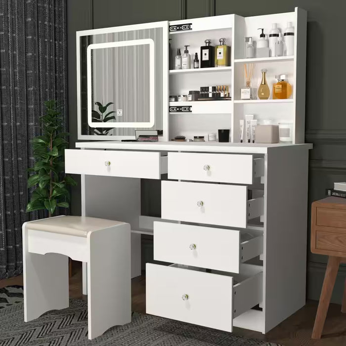 5-Drawers White Wood Makeup Vanity Sets Dressing Table Sets with LED Push-Pull Mirror, Stool and Storage Shelves