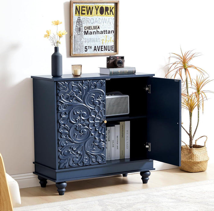 Accent Cabinet with 2 Doors, Luxury Carving Board Storage Sideboard with Adjustable Shelves, Buffet Cabinet Entryway Table for Living Room (Midnight Blue)