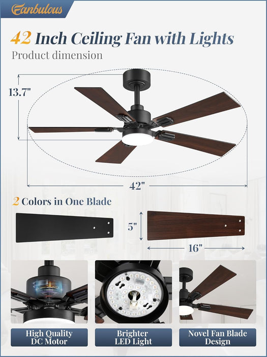 2 Pack of 42 Ceiling Fans with Lights and Remote, Modern Low Profile Ceiling Fans with Dimmable 3CCT Quiet DC Motor, Reversible Celing Fan with 6-Speeds Timer for Bedroom(Black)