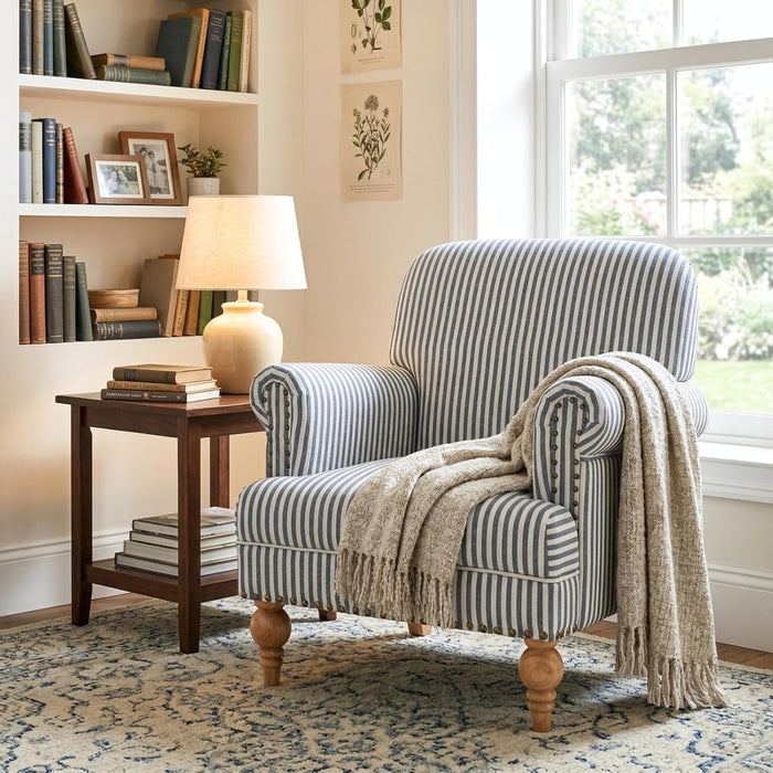 Blue Upholstered Coastal Accent Chair Nailhead Trim