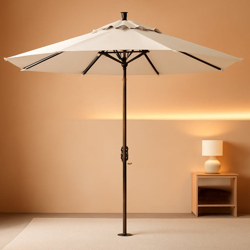 9' round Aluminum Market Umbrella, Crank Lift, Collar Tilt, Bronze Pole, Antique Beige Olefin