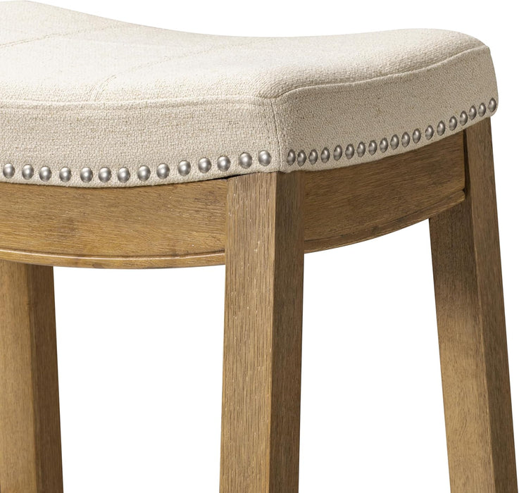 31" Sophia Backless Bar Stool - Handcrafted Plush Upholstered Saddle Seat with Six-Panel Stitching & Nailhead Trim - Space Saving Wood Barstool in Aged Natural Finish W/Light Beige Fabric