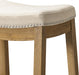 31" Sophia Backless Bar Stool - Handcrafted Plush Upholstered Saddle Seat with Six-Panel Stitching & Nailhead Trim - Space Saving Wood Barstool in Aged Natural Finish W/Light Beige Fabric