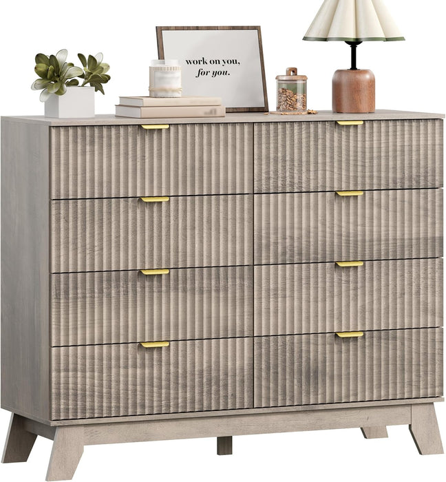 8 Drawer Fluted Dresser for Bedroom, Mid Century Modern Wooden Dresser with 8 Drawers, Dressers & Chests of Drawers with Metal Handle, TV Stand & Storage Organizer for Entryway, Hallway, Grey