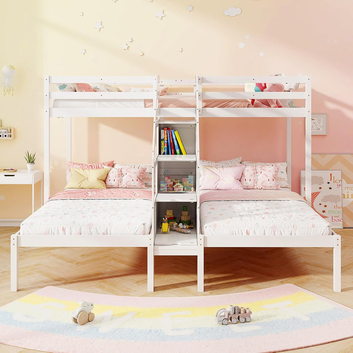 Twin over Twin & Twin Bunk Bed, Triple Bunk Beds with 4-Step Storage Stair, Guardrail & Solid Wood Structure, Wooden 3 Bunk Beds for Kids Teens, No Box Spring Needed, White