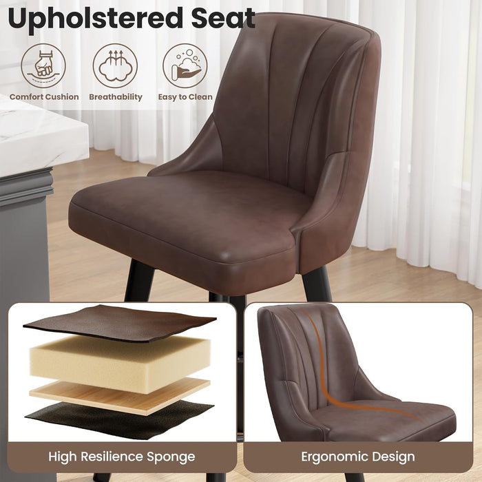 Counter Height Swivel Bar Stool, 24" Upholstered PU Leather Barstools Set of 3, Counter Stool Chair with Back & Solid Wood Legs for Kitchen Island Dining Room (Brown)