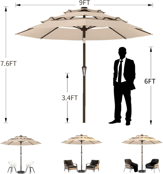 9FT 3-Tier Large Outdoor Patio Umbrella Market Table Umbrella-Uv Resistant,Easy Push Button Tilt and Crank,8 Sturdy Fiberglass Ribs Heavy-Duty Pool Umbrella for Deck,Backyard,Garden,Yard,Brown